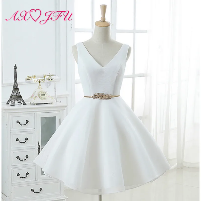 

AXJFU princess white sleeveless evening dress party v neck a line leaf sashes short evening dress little white dress