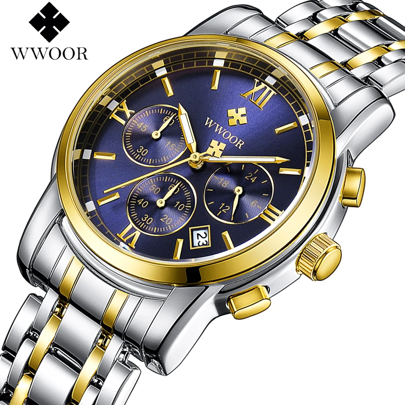 

WWOOR Top Brand Luxury Mens Watches Business Chronograph Waterproof Gold Stainless Steel Sport Men Quartz Wrist Watch Male Clock