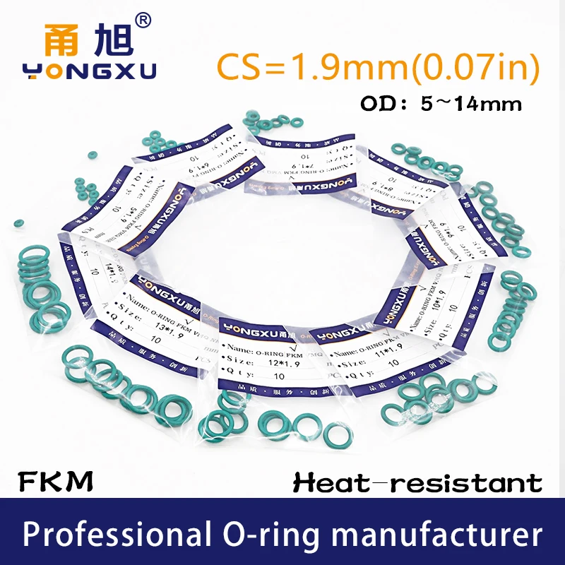 

20PCS/lot Green FKM Rubber O-rings Seals 1.9mm Thickness 5/6/7/8/9/10/11/12/13/14mm OD ORings Seal Gasket Rings Fuel Washer