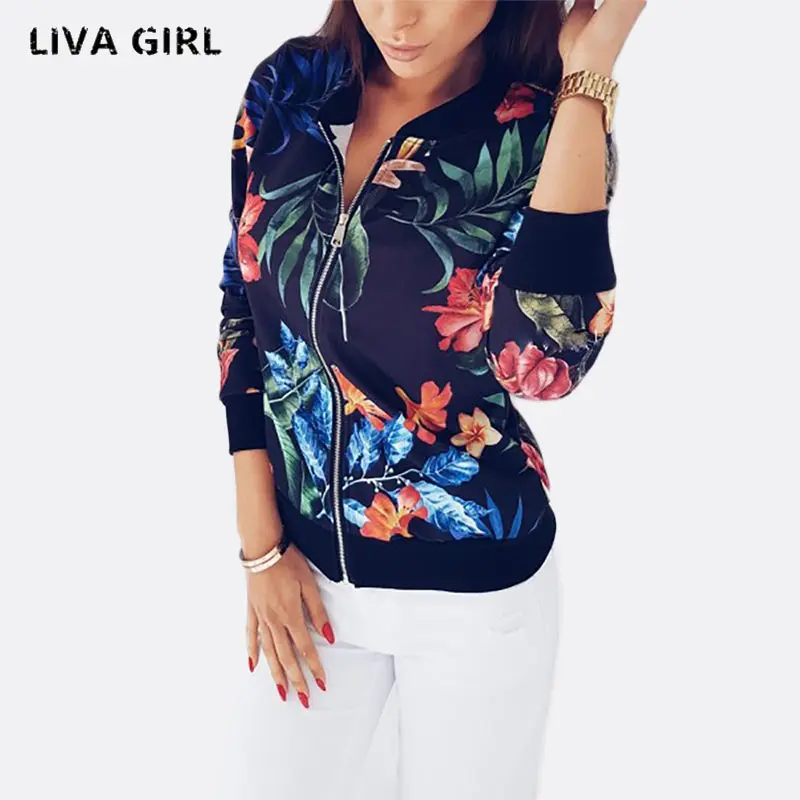 wonderful liva girl 2018 Women Coat Fashion Ladies Retro Floral Zipper Up Bomber Jacket Casual Coat Autumn Ou