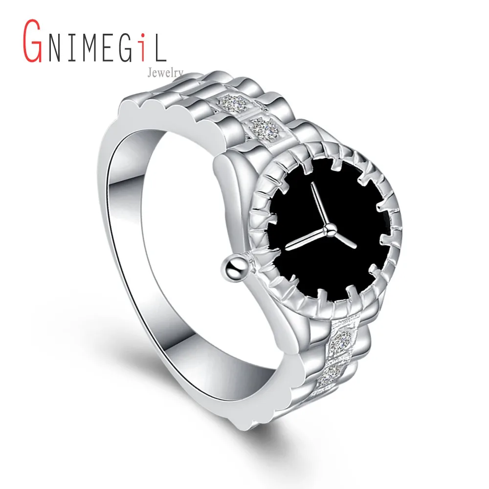 

GNIMEGIL Wholesale Fashion Silver Color Wedding Anniversary Watch Ring For Men Women Couple Rings Jewelry Christmas Gifts
