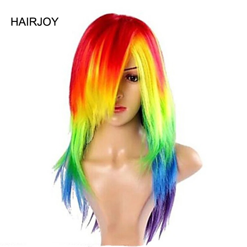 Hairjoy-peruca sintética do cabelo para mulheres, traço do arco-íris, multi-cor, resistente ao calor, peruca do partido, frete grátis