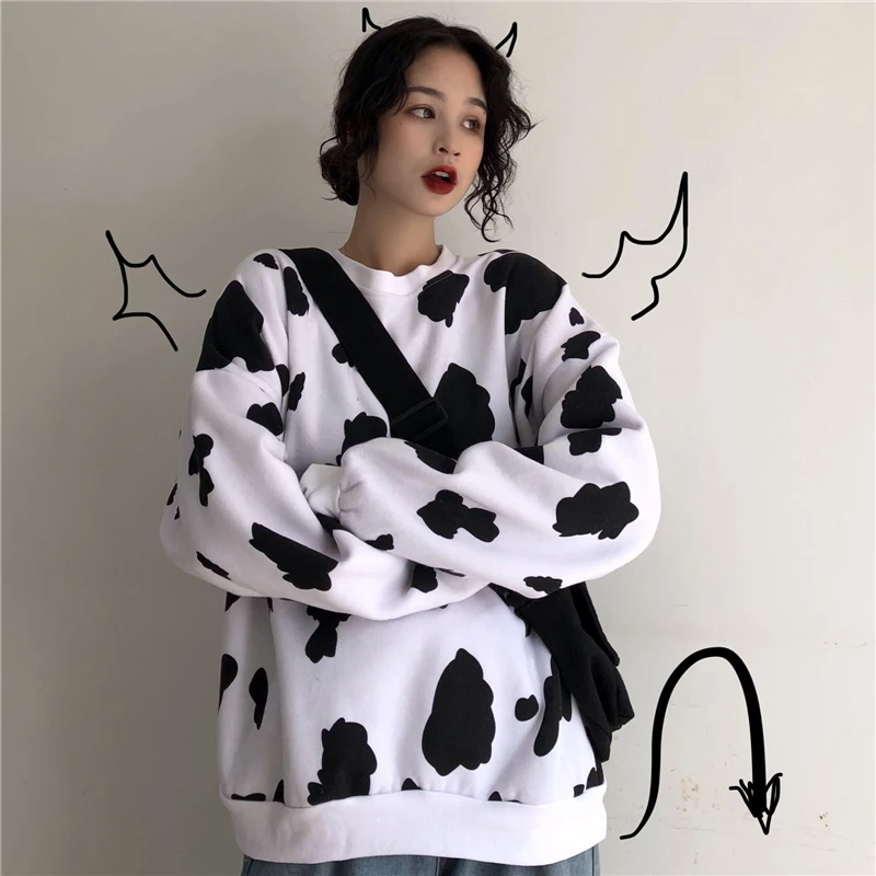 

Women Dairy Cow Black White Graffiti Print Oversized Sweatshirt Jumper Female Top Streetwear Casual Loose Pullovers