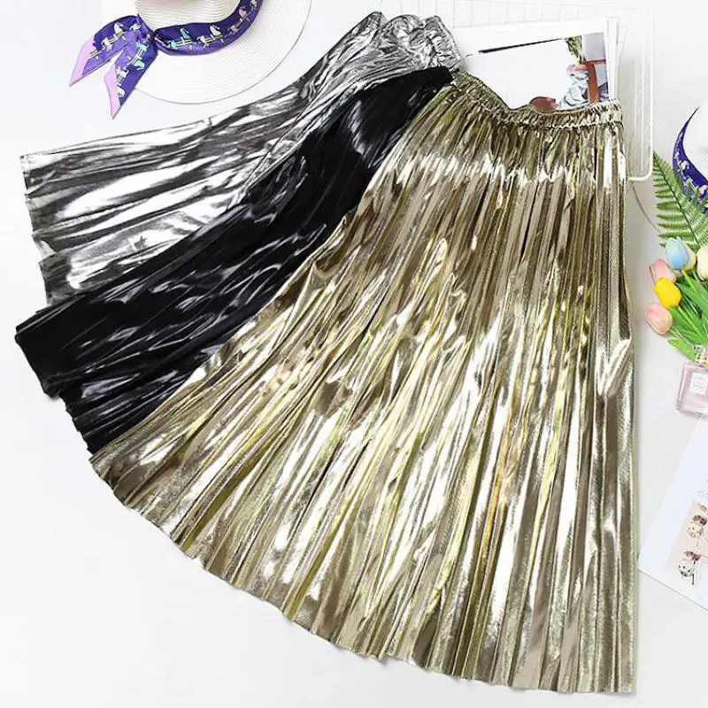 

2024 Spring New Arrival All Match Bright Metallic Shining Pleated Skirt Faldas Largas Elegantes 3 Colors Available Free Shippin