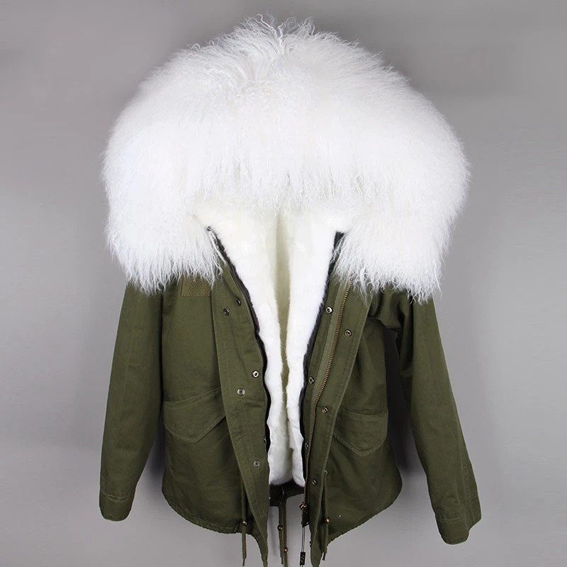 Parka Real Fur Coat Winter Jacket Women Real Mongolia Sheep Fur Parkas Thick Warm Luxury Detachable Outerwear Streetwear - Цвет: green white