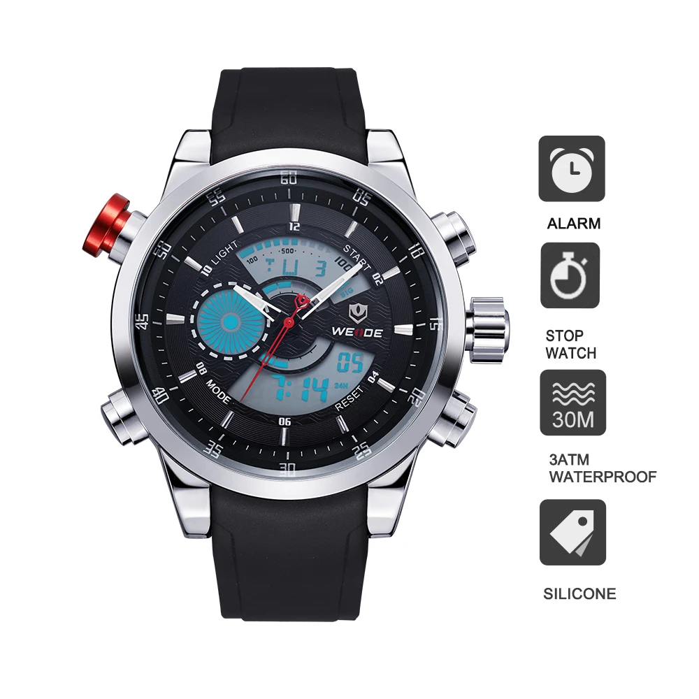 WEIDE Quartz Sports Wrist Watch Casual Genuine Mens LCD Analog Digital Dual Time Watch Black Waterproof Watches Original Gifts