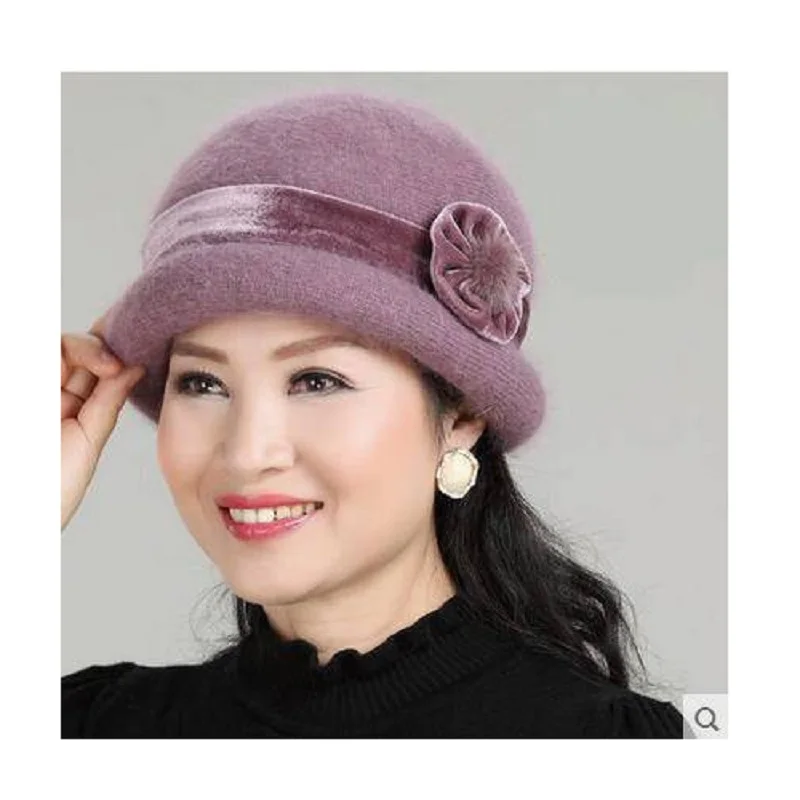 New Fashion Women Winter Hat Sets Floral Skullies Wool Mixed Rabbit Fur Warm Outdoor Knitted Beanies Baggy Headwear Cap
