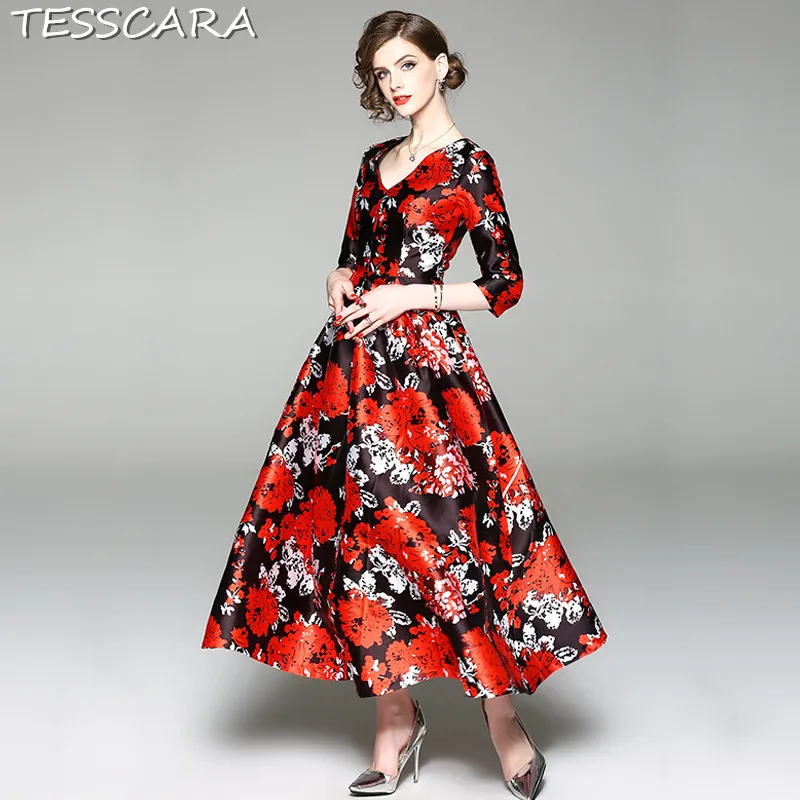 

TESSCARA Women Spring Autumn Long Maxi Elegant Floral Dress Festa Female Vintage Designer Party Vestidos High Quality Robe Femme
