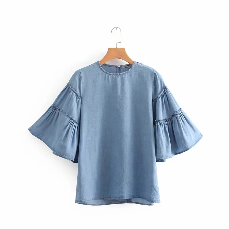 

Solid Women Pleats Flare Sleeve Denim Shirt O Neck Smock Leisure Female Blouse 2019 Summer Loose Tops S5905
