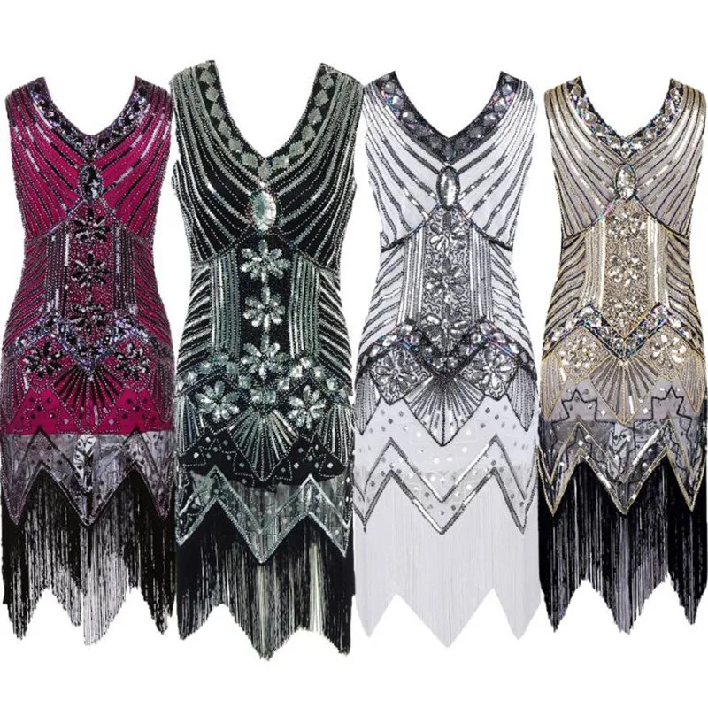 

New Ladies 1920s 1930s Vintage Style V Neck Sleeveless Flapper Style Gatsby Fringe Dress New Year Party Dress