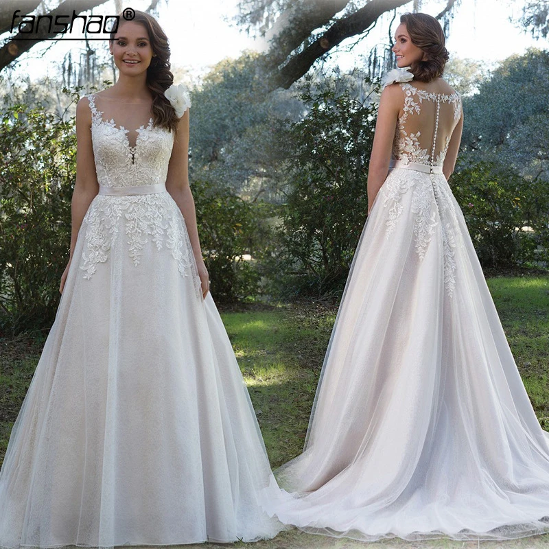 Простое кружевное свадебное платье трапециевидной формы без рукавов с открытой спиной vestido de noiva