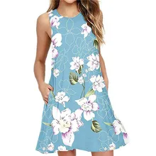 2019 women's sexy spring and summer round neck dress sweet sleeveless temperament Slim printed elastic A-line dress sweet square neck sleeveless circle printed dress for women