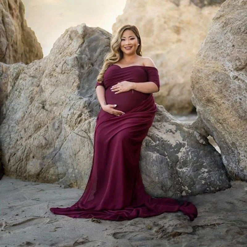 Elegant Maternity Dresses for Photo Shoot Sexy V Neck Off Shoulder Pregnancy Photography Dress Pregnant Women Party Maxi Clothes