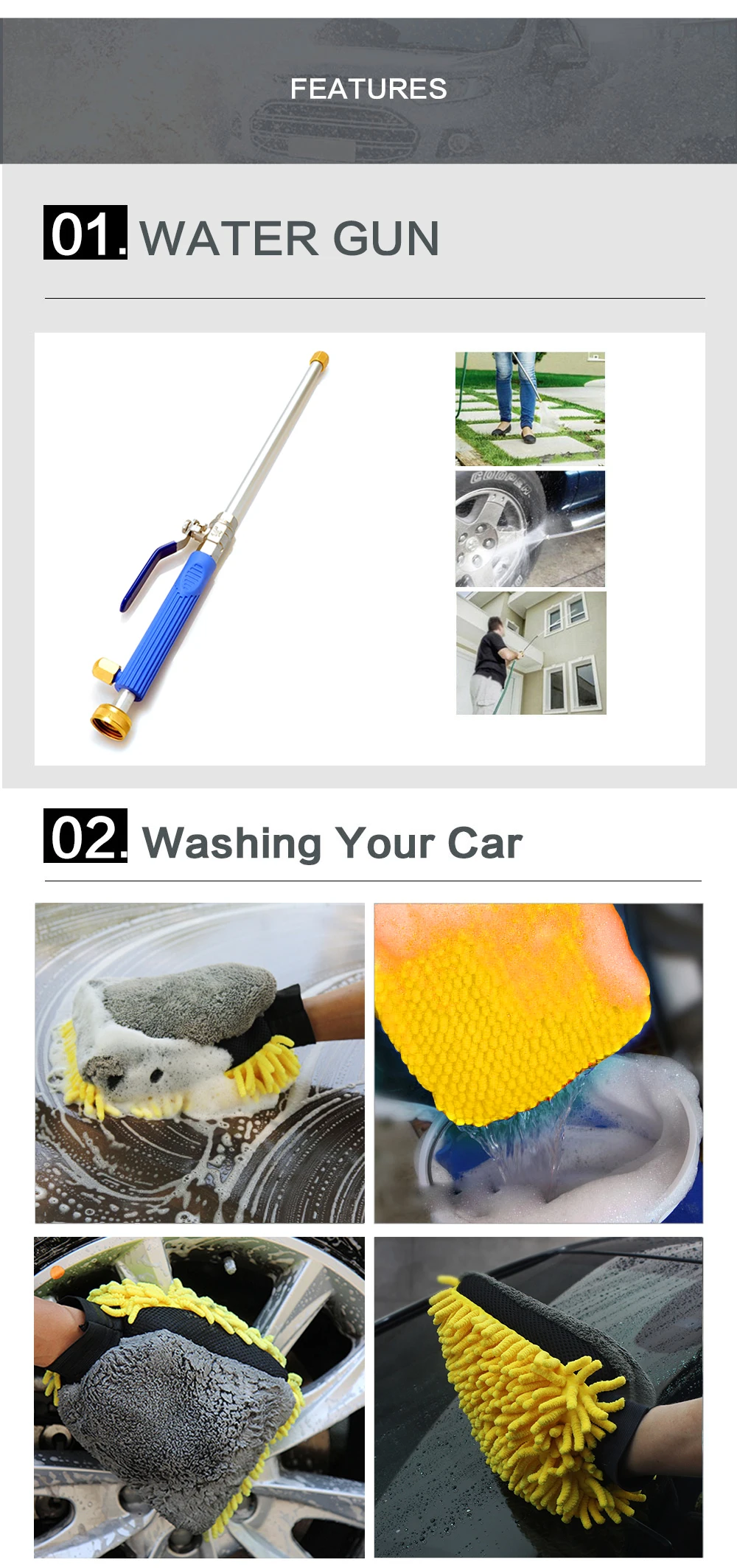 Pistola de Água para Lavagem de Carro Pistola para Lavar Carro de Alta Pulverizador para Água Lavagem à Prova Luva e Toalha para Limpeza de Carro Detalhe de Cera Pressão Água Microfibra Peças d' 3 16 Pistola de água para lavagem de carro,