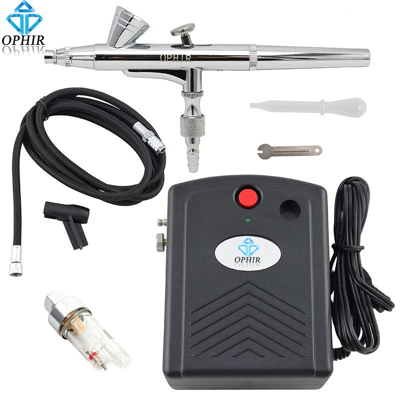 OPHIR 0.2mm Dual-Action Air Brush Gun with Mini Air Compressor for Cake Decorating Makeup Nail Art Sunless Tanning_AC034+073+011 OPHIR 0.2mm Dual-Action Air Brush Gun with Mini Air Compressor for Cake Decorating Makeup Nail Art Sunless Tanning_AC034+073+011