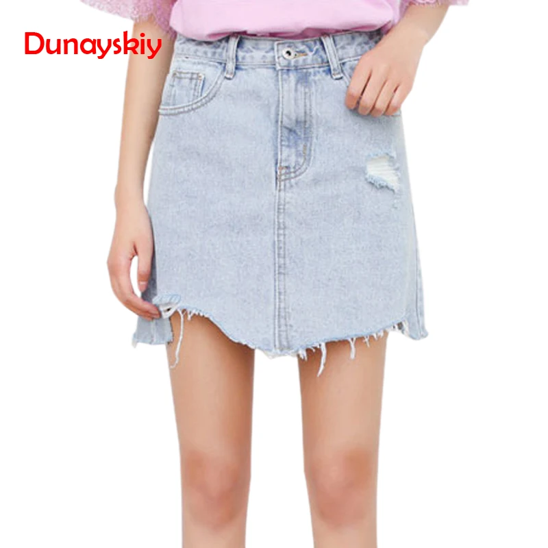 Dunayskiy Women Summer Blue Solid High Waist Denim Skirts Casual