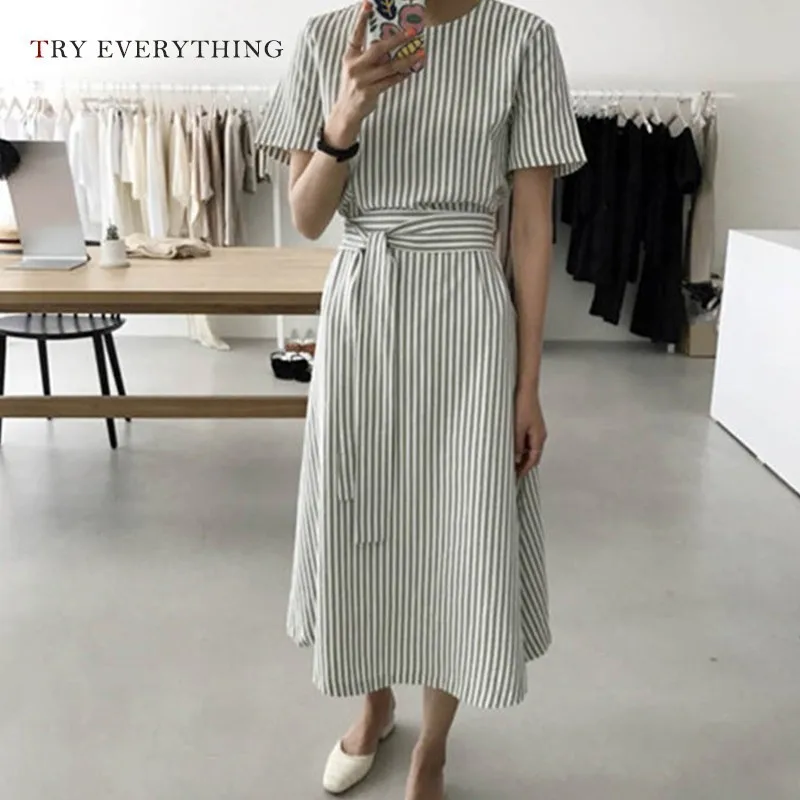

Loose Casual Dress Summer 2019 Women Green Striped Cotton Long Dresses Ladies Short Sleeve A Line Belt Korean Dress For Women