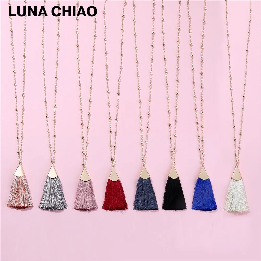 

LUNA CHIAO Fall Trendy 80cm Long Ball Link Chain Brushed Gold Cap Silk Fan Fringe Tassel Pendant Necklace