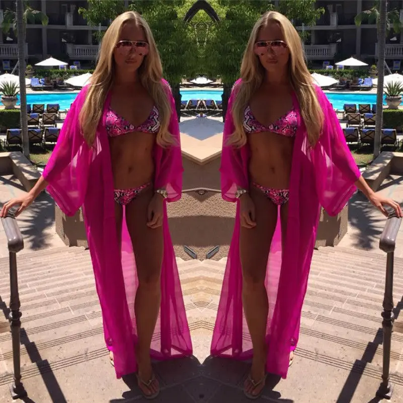 

Women Sexy Cover-Ups Chiffon beachwear Long Dress Sarong solid color Beach dress Swimwear long sleeve Cover Up