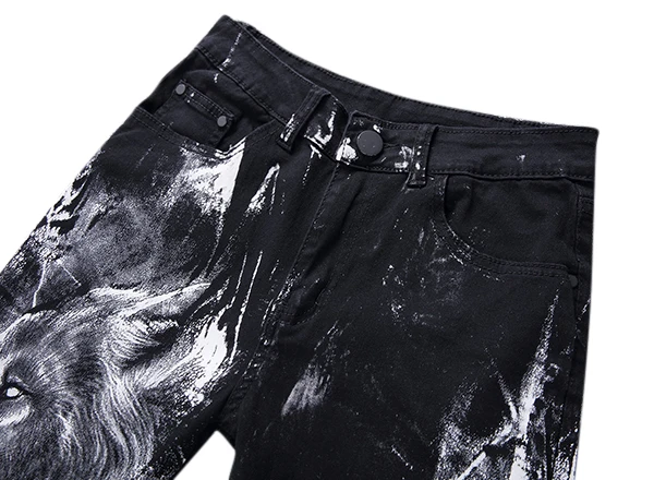 Mens Fashion Wolf Printing Black Straight Leg Denim Long Pants Jeans US Size 30-40