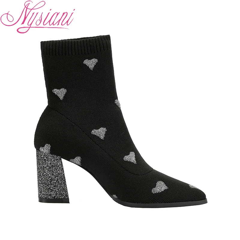 Cortas champagne Alto De Estrecha Corazón 2018 Invierno Nysiani Sexis Forma Con Punta Punto Botas Tacón Mujer Tela Tobillo Black Grueso Elástica Para Tejido tUwqtfB