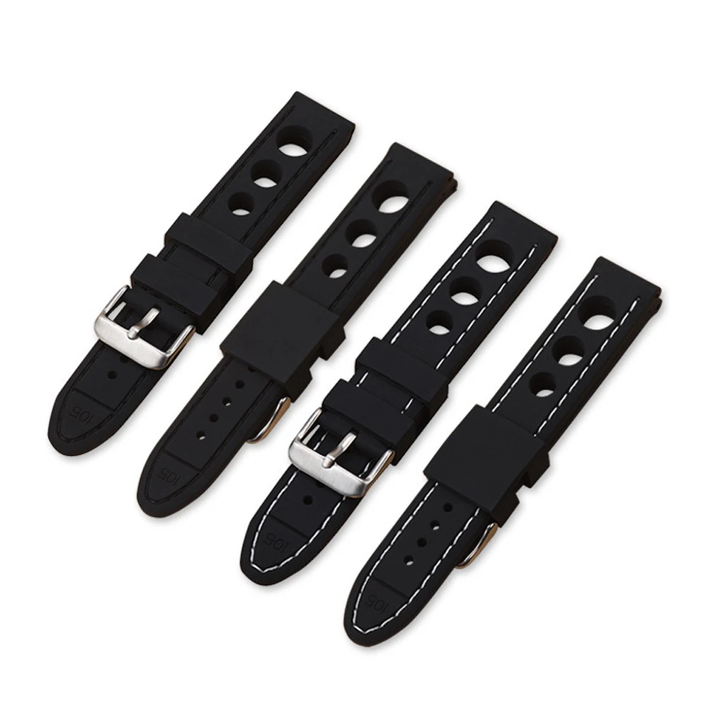 

20 22 24mm Silicone Black Watchband Exchange Rubber Band Replacement Soft Ventilate Strap Belt Loop With Silver Pin Buckle