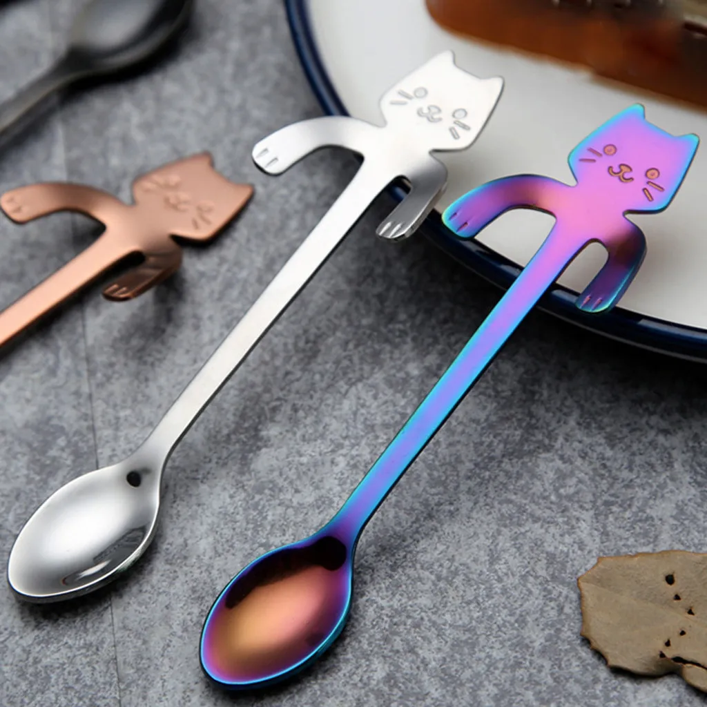 Cute Cat Spoon Long Handle Spoons Flatware Coffee Drinking Kitchen