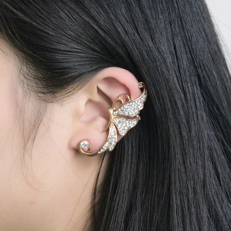 

Fashion Hyperbole Butterfly Earrings For Women 1pcs White Pink Rhinestone Elves Clip Earrings Animal Ear Cuff Earings Brincos
