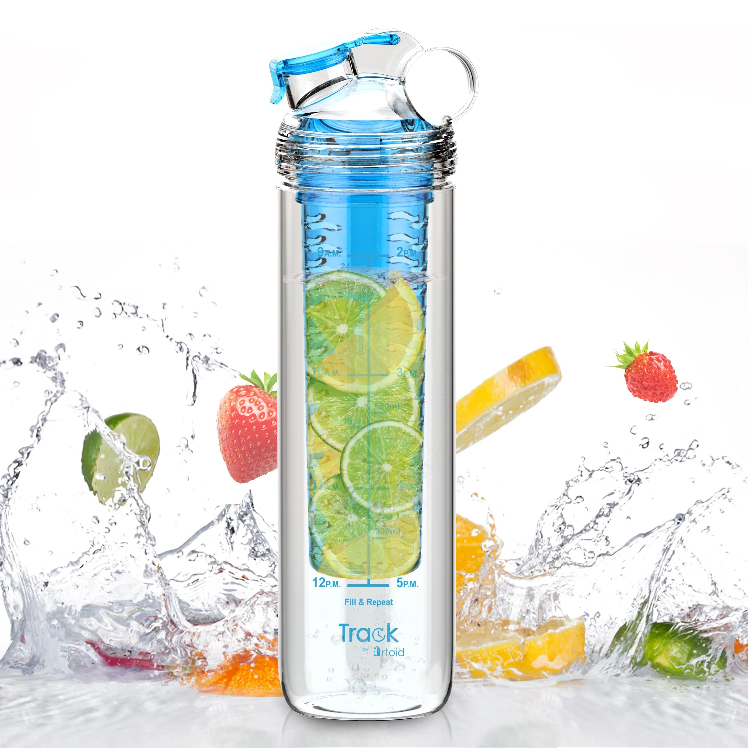 

800ml Tritan Sport Water Fruit Infuser Bottle, Full Length Infusion Rod and Time Marker For Measuring Your H2O Intake, BPA Free