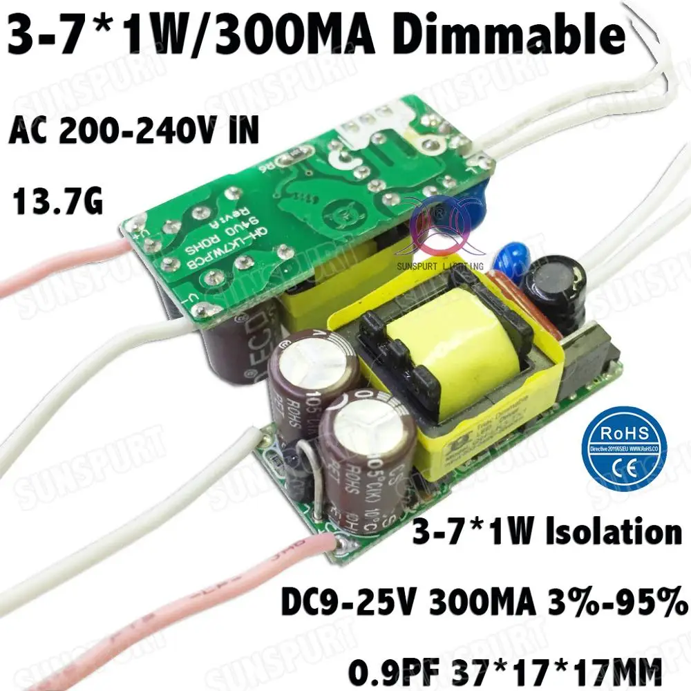 2 шт. изоляции 3 Вт 7 Вт AC200-240V Triac регулируемый светодиодный трансформатор 3-7x1W 300mA DC9-25V высокое pfc LED Питание в стиле channel