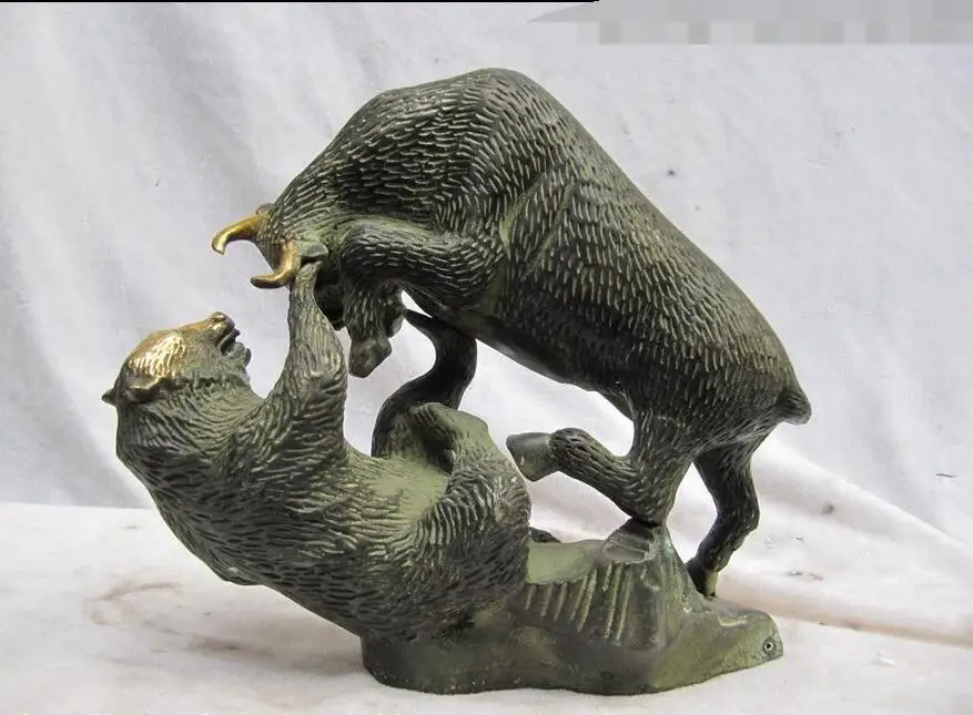 

free Chinese Folk Art collection Old Bronze Ox Bull combat wrestle Black Bear Statue fast