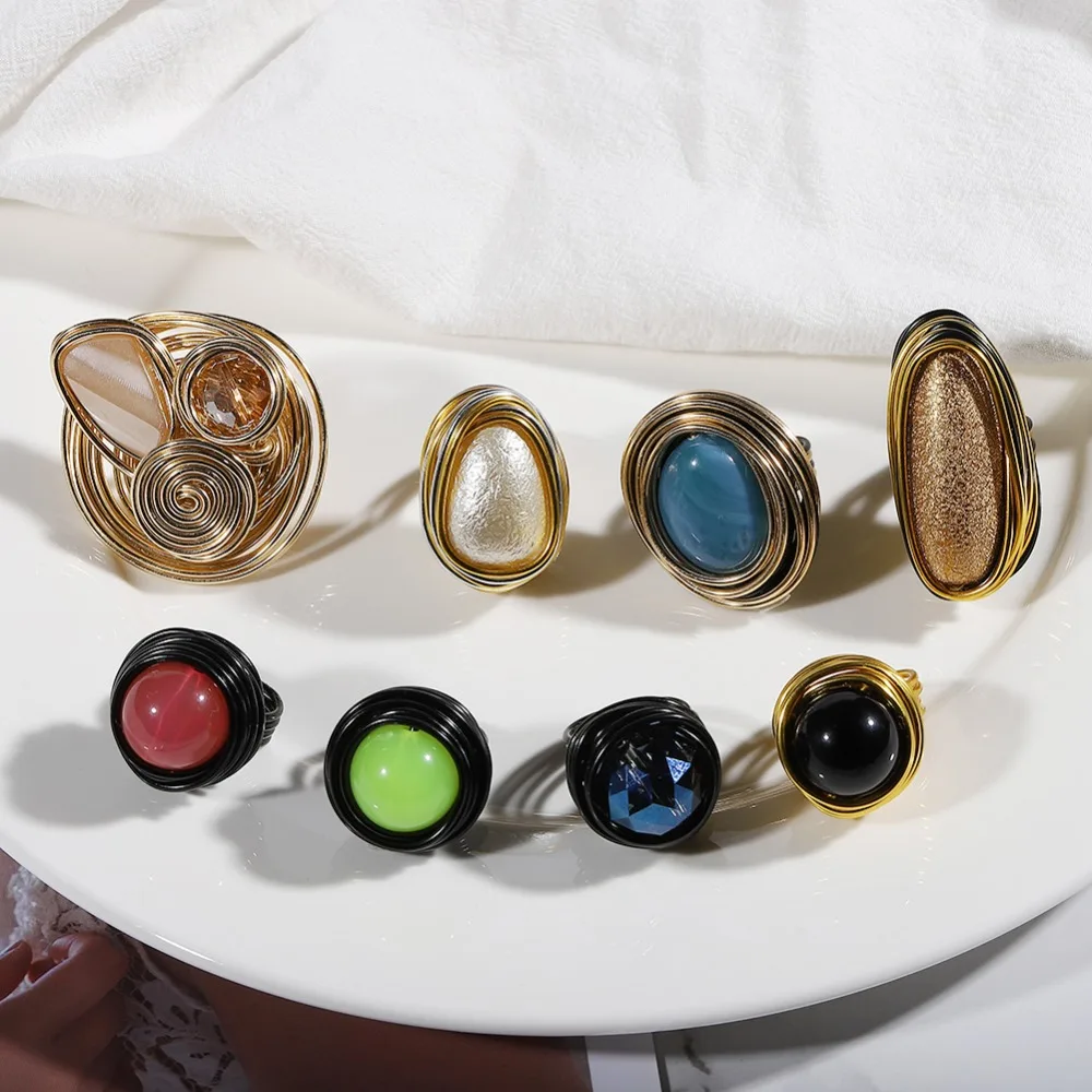 Лучшие женские винтажные обручальные кольца ручной работы в стиле бохо для женщин или мужчин, плетеные проволочные кольца с большими кристаллами, винтовые ювелирные изделия, подарки для девушек