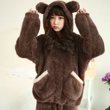 Осень Зима размера плюс фланелевые пижамы Толстые женские пижамы женские коралловые флисовые Мультяшные пижамные комплекты медведь с шапкой