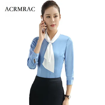 

ACRMRAC Women Formal wear Long sleeves blue Slim Business Blouses & Shirts