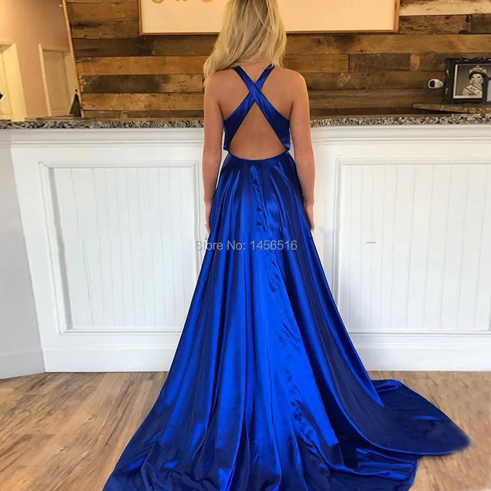 Elegant Royal Blue Prom Dresses 2019 Sexy V Neck High Slit Criss-Cross Back Long A Line Formal Prom Dress Vestidos de Fiesta (2)