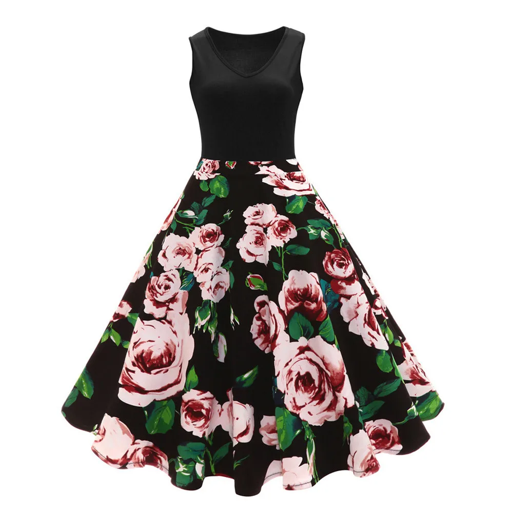 

High-Waist Pleated Dress Plus Women Sleeveless Floral Hepburn Vintage Button