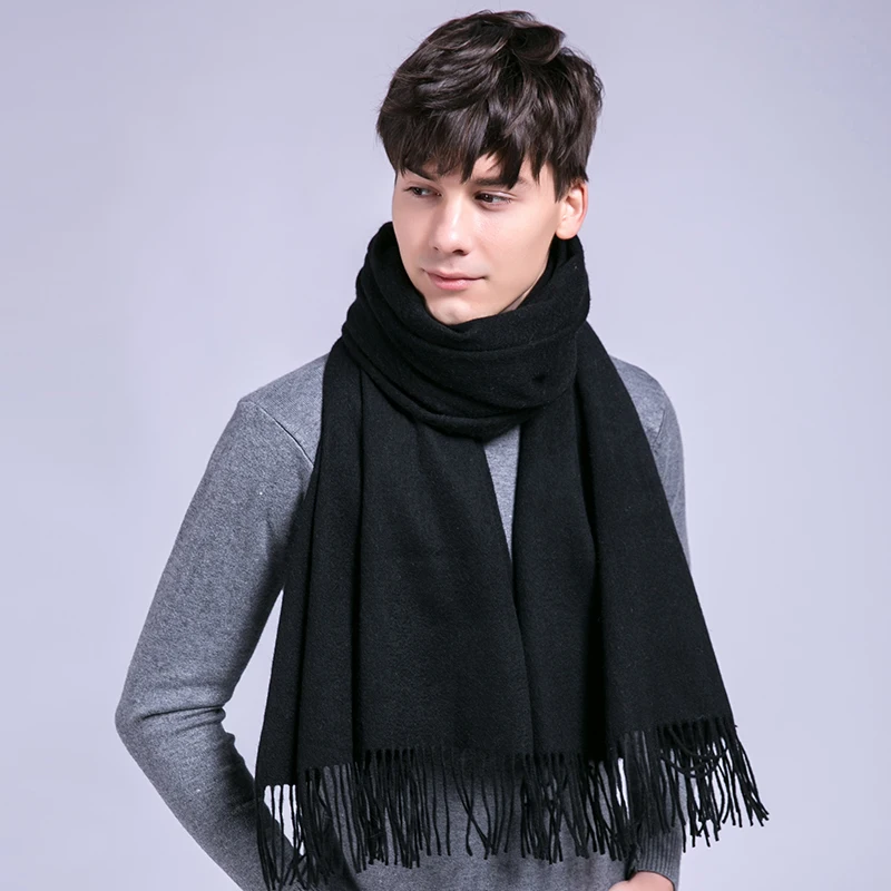 

2019 Autumn Winter 100% Wool Scarf For Men Classic Solid Tassels Thicken Warm Man Large Sheep Wool Scarves Black 200x70cm