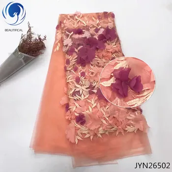 

BEAUTIFICAL African lace fabrics coral 3d net lace fabric Hot sale appliques tulle lace fabric for big occasion 5yards JYN265