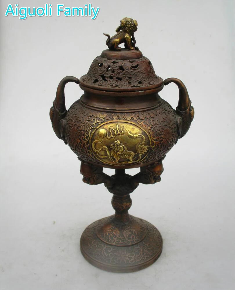 

Asian Antique Old Copper Gilt Style Hand Carved Big Kirin Censer/Home Decoration Chinese Qing/Ming Dynasty Incense Burner 0028