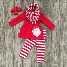 Детские зимние для девочек из 3 предметов с шарфом бутик красный Санта-Клауса в полоску детская одежда из хлопка помпонами Топ наряды матч клип лук