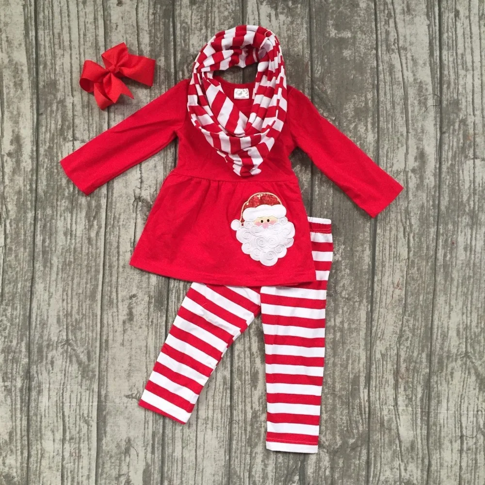 baby winter girls 3pieces with scarf boutique red Santa claus striped children cotton clothes pom pom top outfits match clip bow striped embroidery pom pom detail blouse