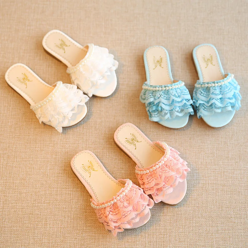 Summer Child Girls Sandals Fashion Slipper Kids Pearl Lace Slippers