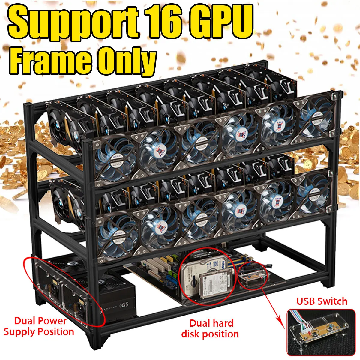 S SKYEE USB Switch 16GPU Open Air Mining Miner Rig Frame Case Computer For ETH Ethereum ZEC TC Black Aluminum Server Chassis S SKYEE USB Switch 16GPU Open Air Mining Miner Rig Frame Case Computer For ETH Ethereum ZEC TC Black Aluminum Server Chassis