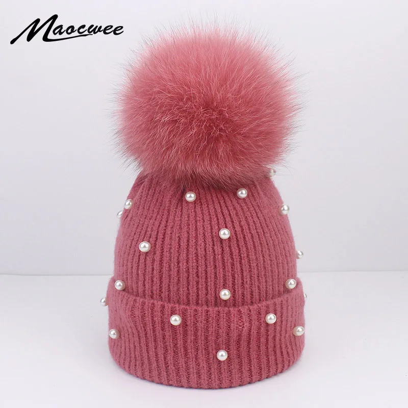 

Winter Hat Beanies Fox Fur Pompom Wool Pearl Knitted Hat The Female Of The Mink Caps Hats For Women Girl 'S Keep Warm Cap