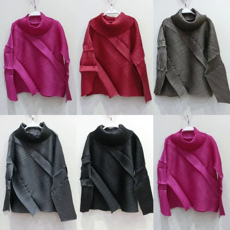 Changpleat водолазка Твердые Женские футболки Miyake плиссированные уникальный косая