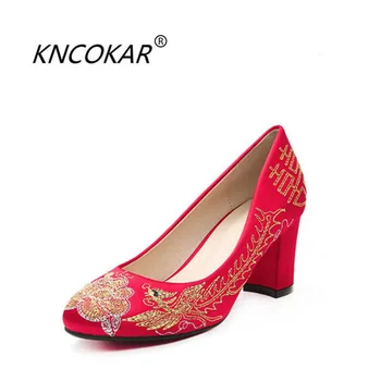 

KNCOKAR 2018 Spring and autumn new vintage Chinese brides high heel embroidered dragon and phoenix wedding shoes Size; 34 - 40