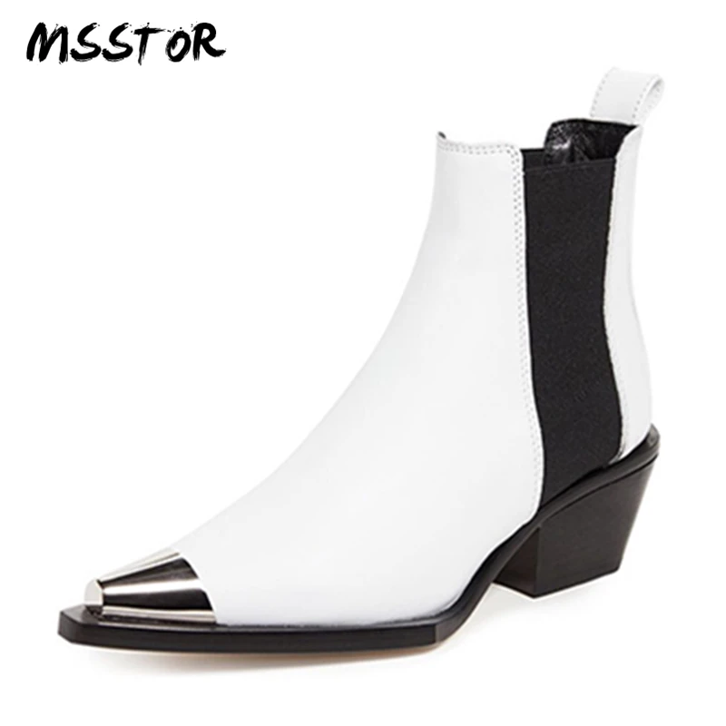 

MSSTOR Metal Decoration Sexy Women Winter Boots Fashion Casual Strange Style Genuine Leather Women Heels Pointed Toe Ankle Boots