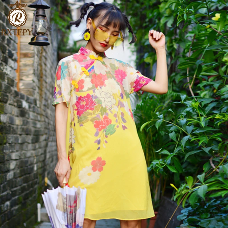 

New Spring Women Short sleeve Dress Female Fashion Hidden discount Printing Stand High quality Chinese style Loose Dress A43