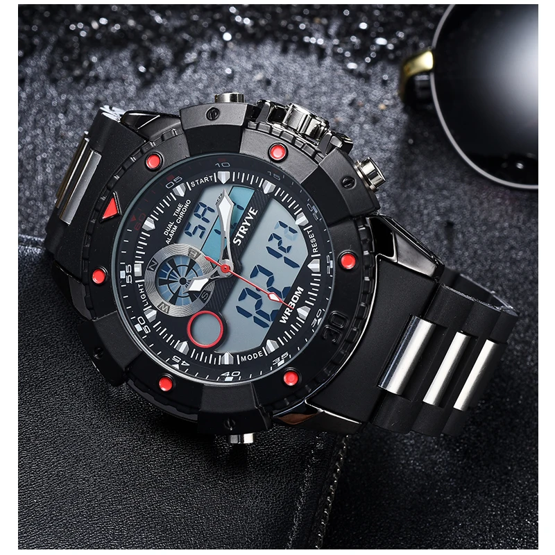 STRYVE Fashion Gold Men Watches Top Luxury Multifunction Sports Watch Man Quartz Analog Military Digital Male Clock Wrist Watch