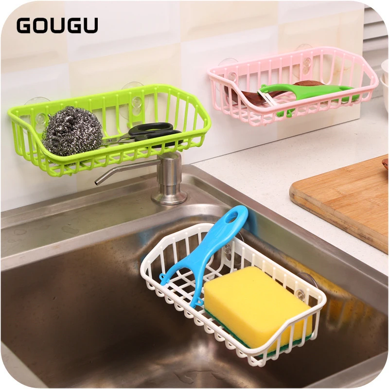 

1PC GOUGU Kitchen Drain Storage Rack Double Sucker Sink Shelf Soap Sponge Holder Kitchen Bathroom Tools Household Organizer
